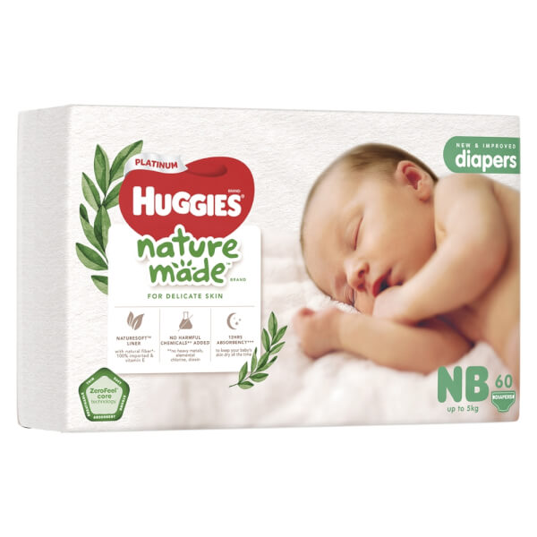 Combo 2 bỉm tã dán Huggies Platinum Nature Made size Newborn 60 miếng (dưới 5kg)