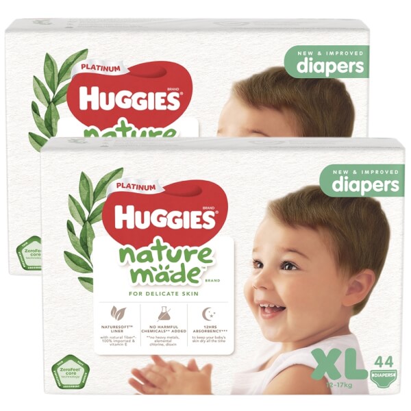 Combo 2 bỉm tã dán Huggies Platinum Nature Made size XL 44 miếng (12-17kg)