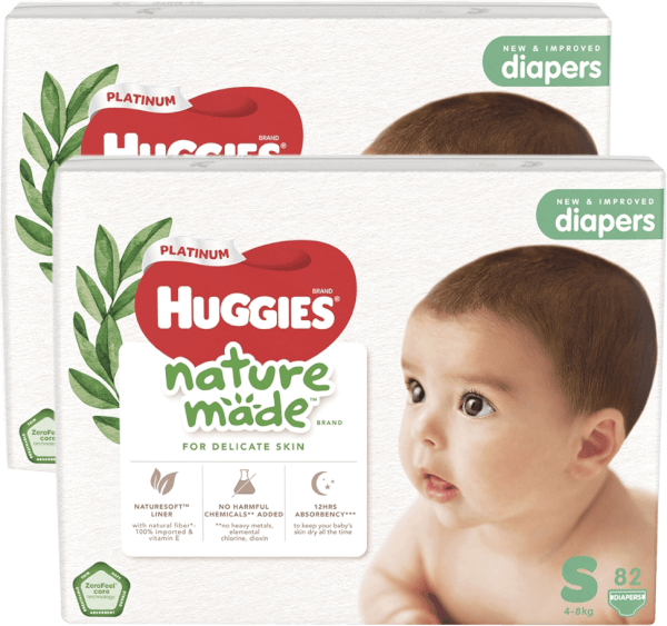 Combo 2 bỉm tã dán Huggies Platinum Nature Made size S 82 miếng (4-8kg)