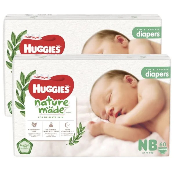 Combo 2 bỉm tã dán Huggies Platinum Nature Made size Newborn 60 miếng (dưới 5kg)