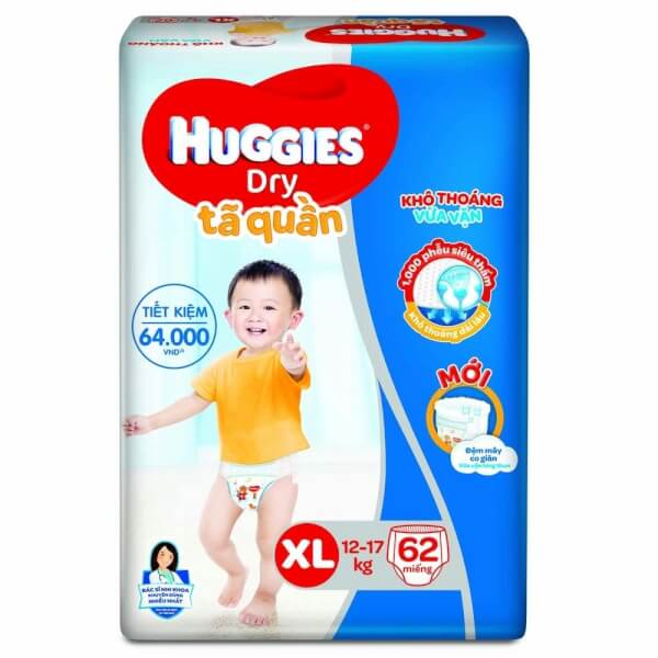 Bỉm tã quần Huggies Dry (XL, 12-17kg, 62 miếng) + 8 miếng