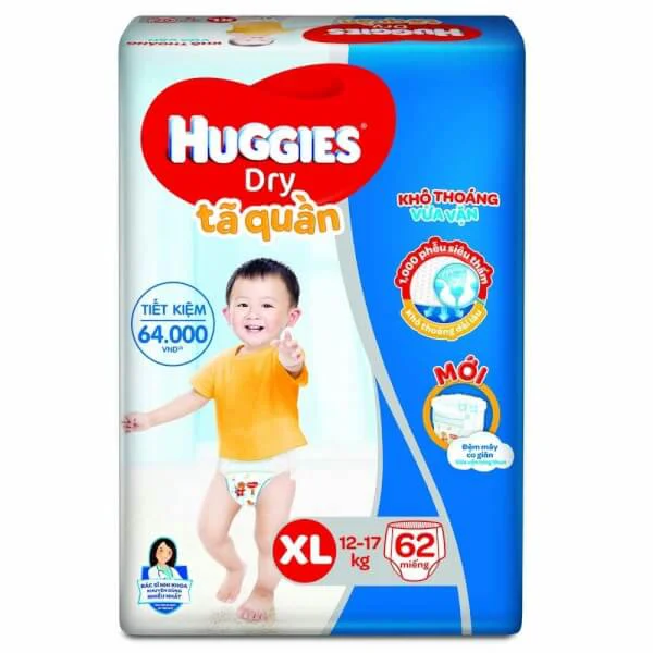 Bỉm tã quần Huggies Dry (XL, 12-17kg, 62 miếng) + 8 miếng