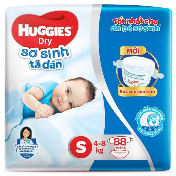 Combo 2 Tã dán sơ sinh Huggies Dry size S, 88 miếng (4-8kg) + 1 gói khăn ướt