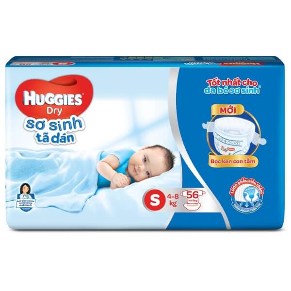 Combo 2 Bỉm tã dán sơ sinh Huggies Dry size S, 56 miếng + 1 gói khăn ướt (4-8kg)