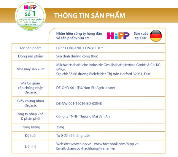 Sữa Hipp 1 Combiotic Organic Infant 350g (0-6 tháng)