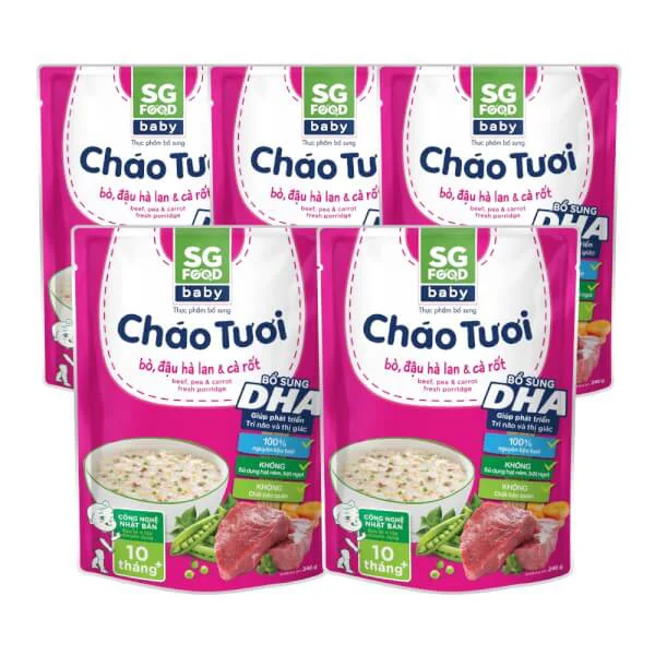 Combo 5 gói Cháo tươi Baby bò đậu hà lan cà rốt, SG Food, 10 tháng, 240g