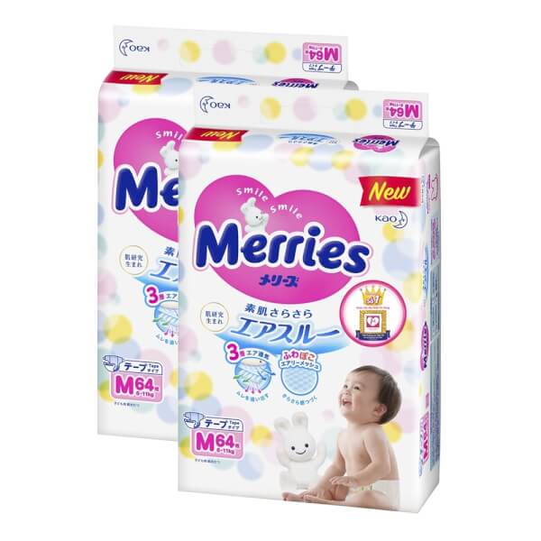 Combo 2 gói Bỉm tã dán Merries size M 64 miếng (6-11kg)