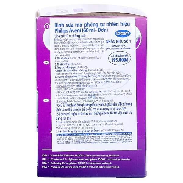 Bình sữa Philips Avent mô phỏng tự nhiên 60ml đơn (SCF039/17)