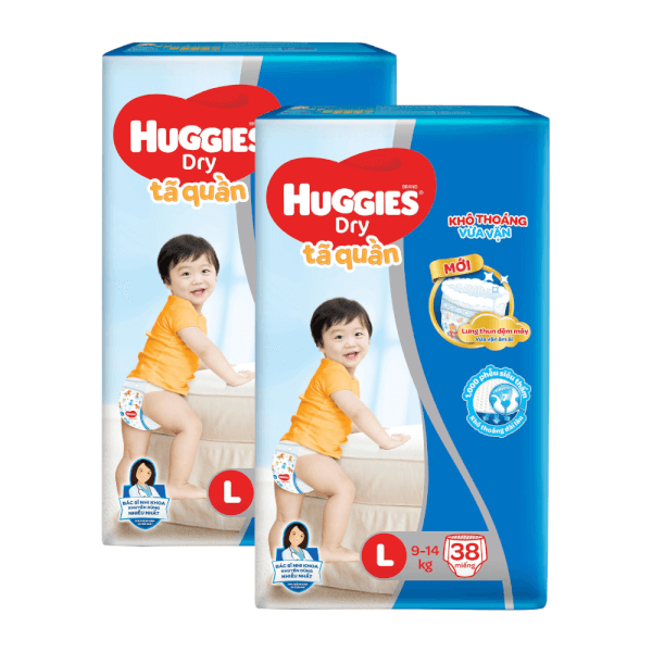 Combo 2 gói Bỉm tã quần Huggies Dry size L 38 miếng (9-14kg) (Sản phẩm sẽ được giao với bao bì ngẫu nhiên)