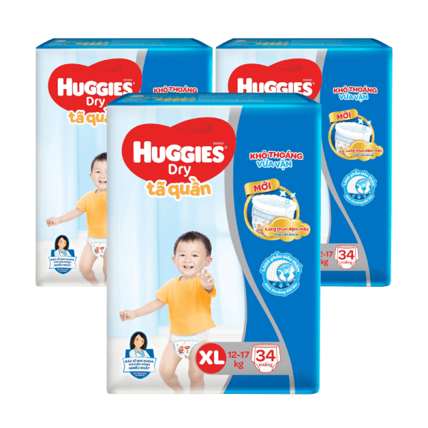 Combo 3 gói Bỉm tã quần Huggies Dry size XL 34 miếng (12-17kg) (Sản phẩm sẽ được giao với bao bì ngẫu nhiên)