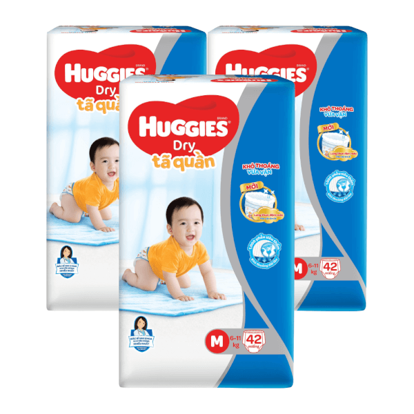 Combo 3 gói Bỉm tã quần Huggies Dry size M 42 miếng (6-11kg) (Sản phẩm sẽ được giao với bao bì ngẫu nhiên)