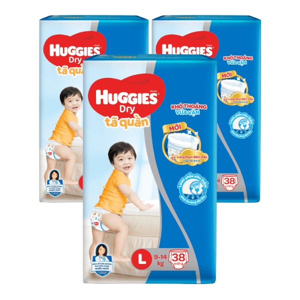 Combo 3 gói Bỉm tã quần Huggies Dry size L 38 miếng (9-14kg) (Sản phẩm sẽ được giao với bao bì ngẫu nhiên)