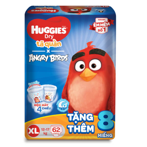 Bỉm tã quần Huggies Dry (XL, 12-17kg, 62 miếng) + 8 miếng