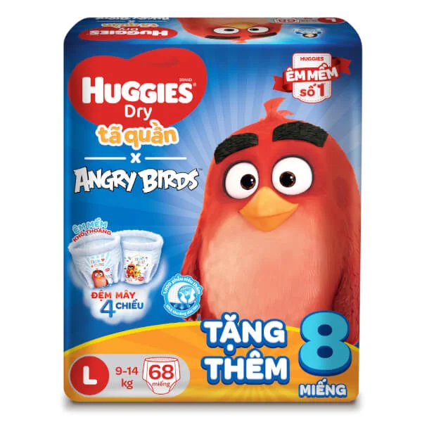 Tã quần Huggies Dry Pants gói cực đại (L, 9-14kg, 68 miếng) + 8 miếng