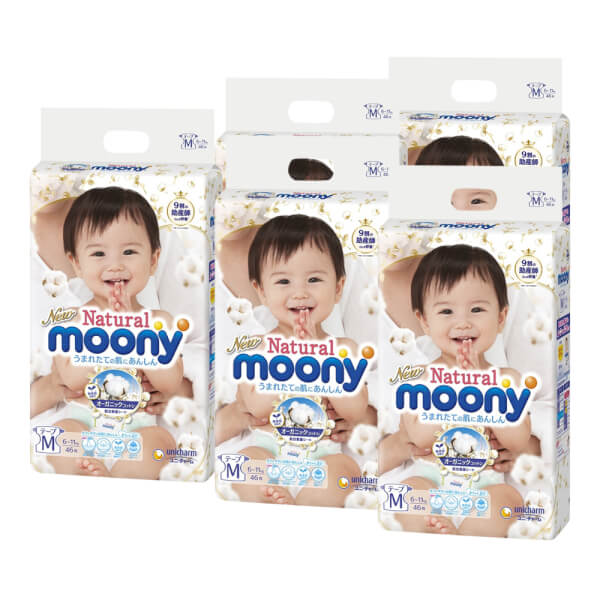 Combo 5 Bỉm tã dán Moony Natural size M 46 miếng (6-11kg)