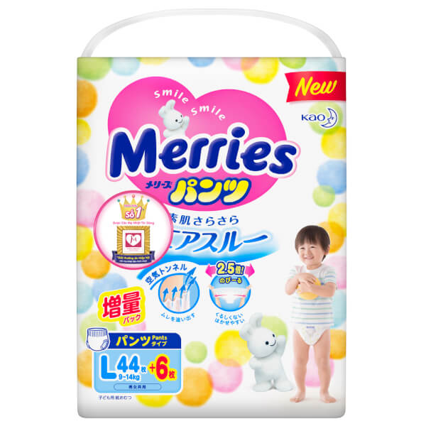 Bỉm tã quần Merries size L 44 + 6 miếng (9-14kg)