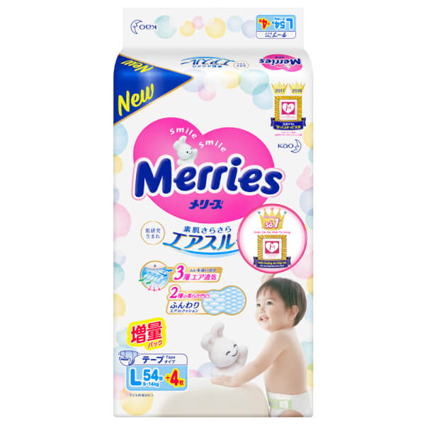 Bỉm tã dán Merries size L 54 + 4 miếng (9-14kg)