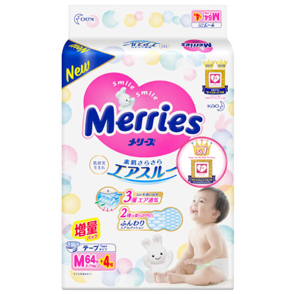 Tã dán Merries (M, 6-11kg, 64 + 4 miếng)