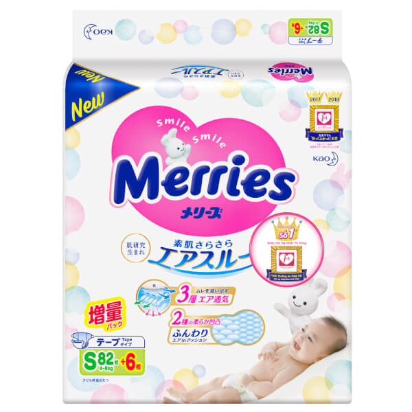 Bỉm tã dán Merries size S 82 + 6 miếng (4-8kg)