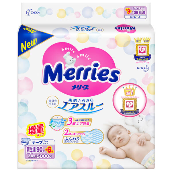 Bỉm tã dán Merries size Newborn 90 + 6 miếng (dưới 5kg)