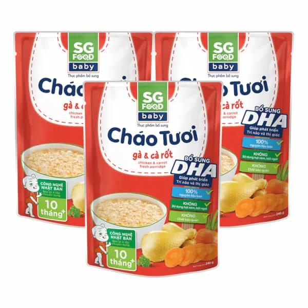 Combo 3 gói cháo tươi Baby gà cà rốt, SG Food, 7 tháng, 240g