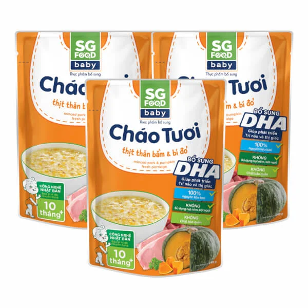 Combo 3 gói cháo tươi Baby thịt thăn bằm bí đỏ, SG Food, 7 tháng, 240g