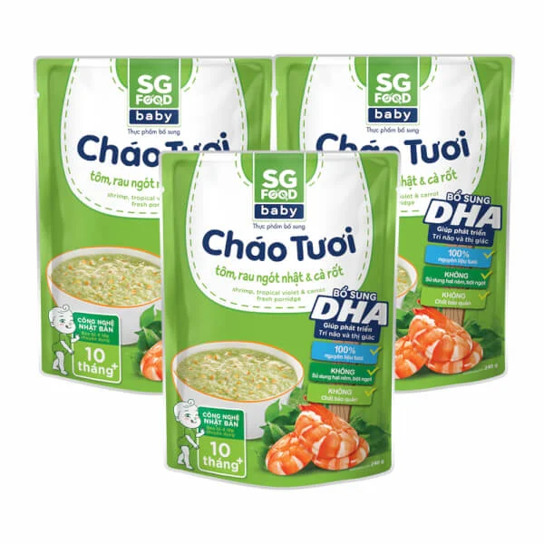 Combo 3 gói cháo tươi Baby Tôm Rau Ngót Nhật Cà Rốt, SG Food, 7 tháng, 240g