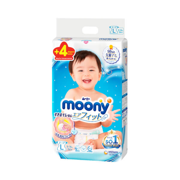 Bỉm tã dán Moony size L, 54 + 4 miếng (9-14kg)