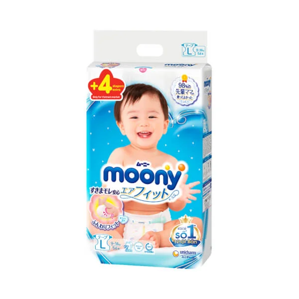 Bỉm tã dán Moony size L, 54 + 4 miếng (9-14kg)
