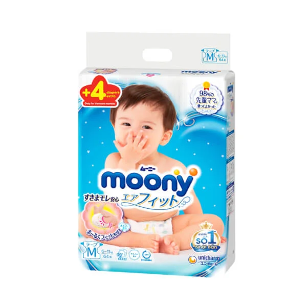 Combo 3 Bỉm tã dán Moony size M, 64 + 4 miếng (6-11kg)