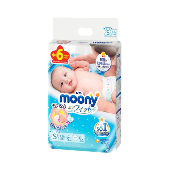 Bỉm tã dán Moony size S, 84 + 6 miếng (4-8kg)