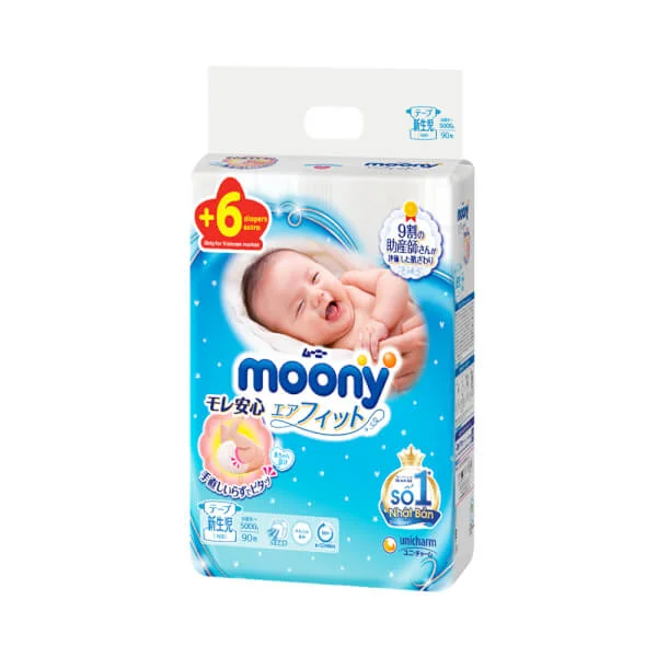Bỉm tã dán sơ sinh Moony (dưới 5kg, 90 miếng) + 6 miếng