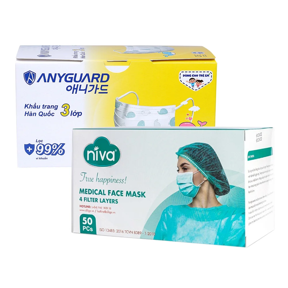 Combo 1 Khẩu trang em bé Anyguard (50 cái/hộp) và 1 Khẩu trang y tế NIVA 4 lớp SMS hộp 50 cái