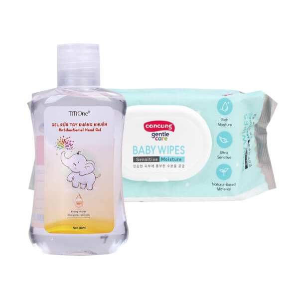 Combo 1 Gel rửa tay kháng khuẩn Titione 80ml và 1 Khăn ướt ConCung Gentle Care Hàn Quốc cho da nhạy cảm, 100 tờ (màu xanh)