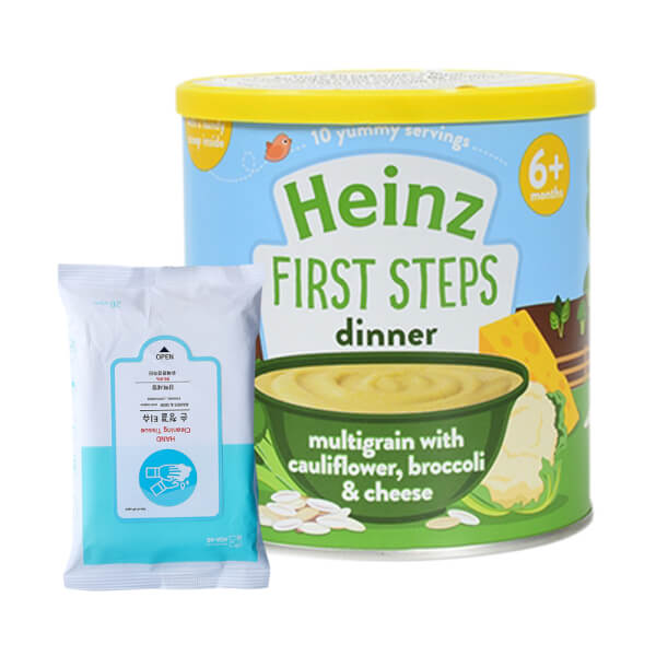 Combo 1 Khăn ướt kháng khuẩn Aga-Ae Hand Clean Wet Wipes - 20 tờ và 1 Thức ăn bổ sung dành cho trẻ từ 6 tháng tuổi trở lên:Bột ngũ cốc, súp lơ,bông cải và phô mai -Heinz multigrain with cauliflower, broccoli