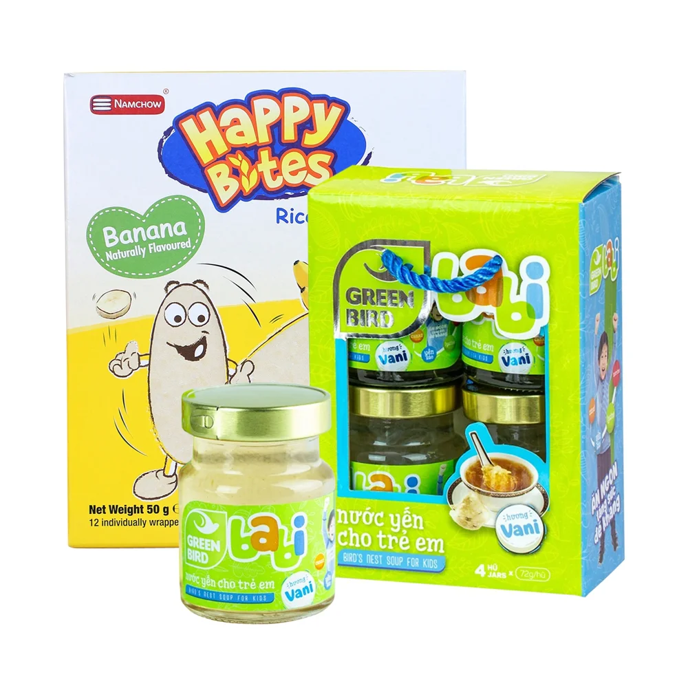 Combo 1 Nước yến sào cho trẻ em Green Babi hương Vani 72g - Lốc 4 và 1 Bánh Gạo Ăn Dặm Cho Trẻ Em Happy Bites Chuối 50g
