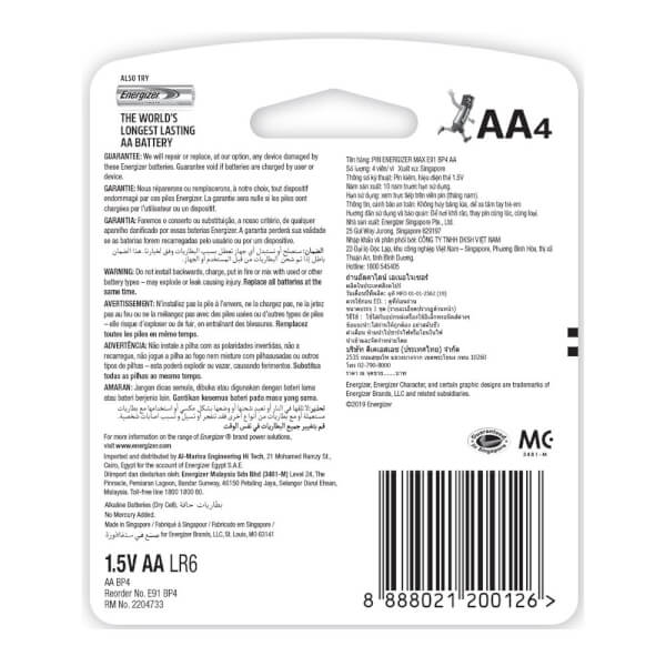 PIN Energizer MAX E91 BP4 AA (vỉ 4)