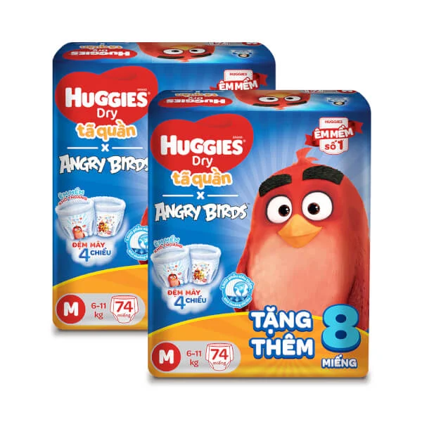 Combo 2 gói bỉm tã quần Huggies Dry Pants (M, 6-11kg, 74 miếng) + 8 miếng