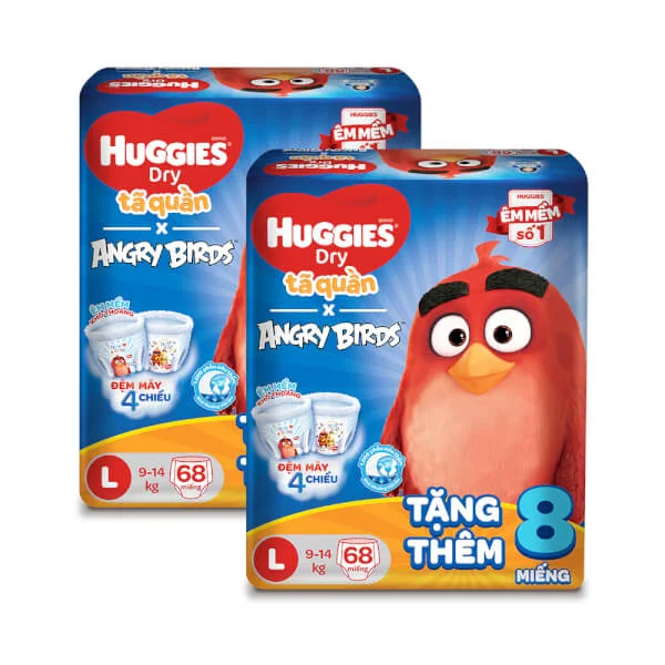 Combo 2 gói bỉm tã quần Huggies Dry Pants gói cực đại (L, 9-14kg, 68 miếng) + 8 miếng