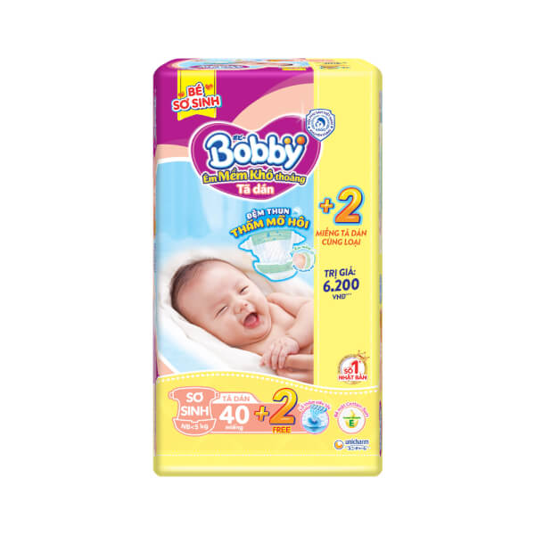 Tã dán Bobby siêu mỏng (sơ sinh, 40 miếng) + 2 miếng