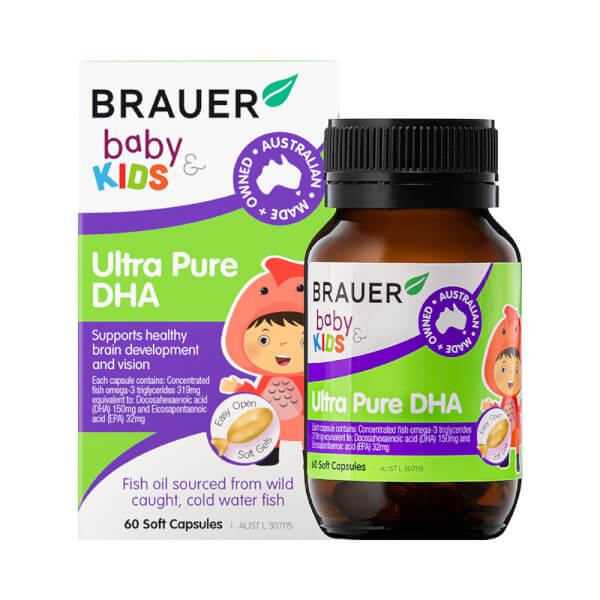 Viên bổ sung dầu cá tinh khiết cho bé từ 7 tháng tuổi Brauer Baby & Kids Ultra Pure DHA