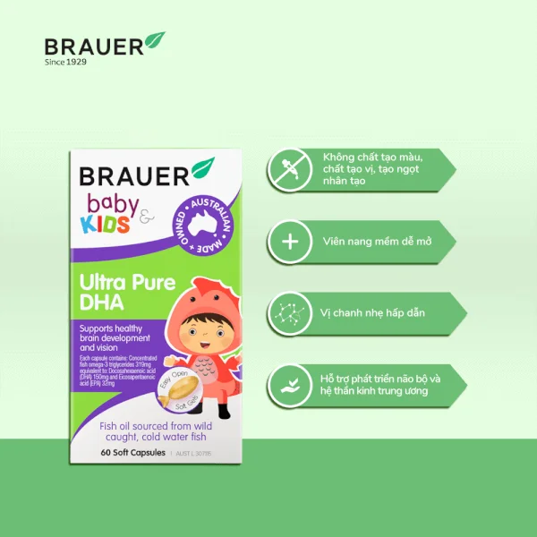 Viên bổ sung dầu cá tinh khiết cho bé từ 7 tháng tuổi Brauer Baby & Kids Ultra Pure DHA
