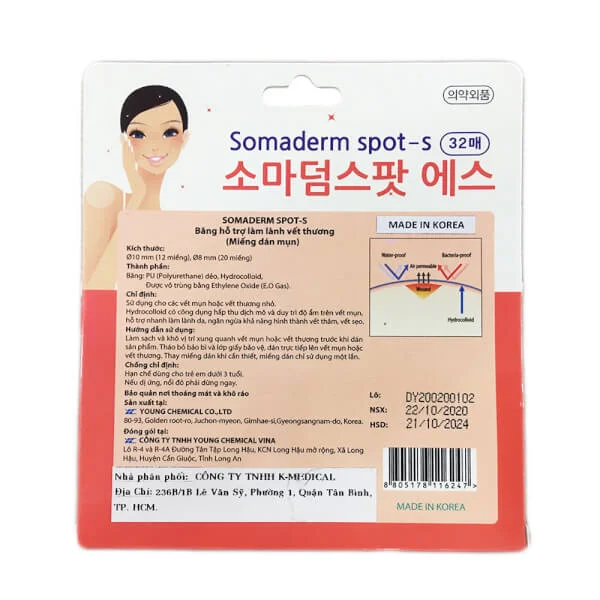 Băng hỗ trợ làm lành vết thương SOMADERM SPOT-S (Miếng dán mụn) 32 miếng
