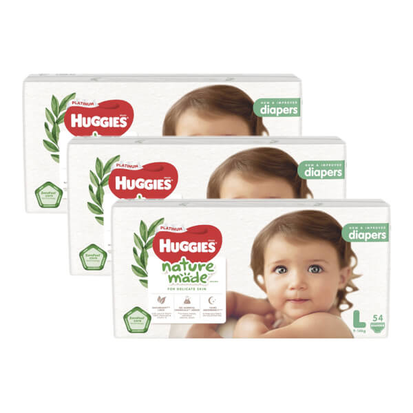 Combo 3 gói bỉm tã dán Huggies Platinum Nature Made size L 54 miếng (9-14kg)