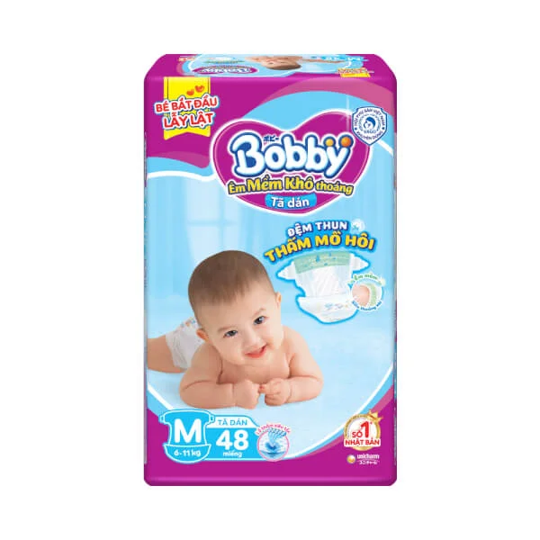 Bỉm tã dán Bobby siêu thấm size M 48 miếng (6-11kg)