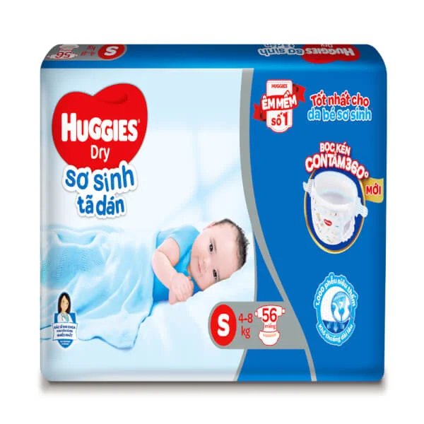 Bỉm tã dán sơ sinh Huggies Dry size S 56 miếng (4-8kg)