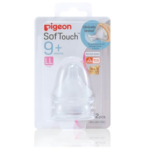 Núm ty thay bình sữa cổ rộng Pigeon silicone siêu mềm plus size LL (9M+, Y cut)