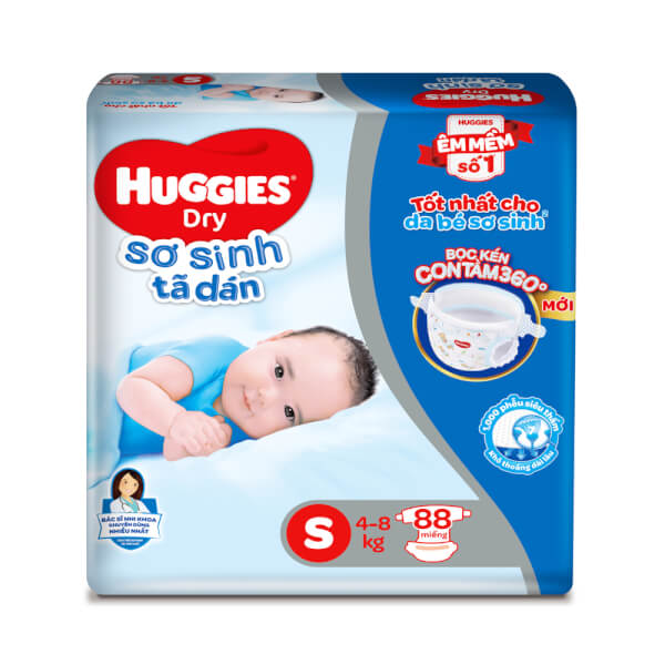 Tã dán sơ sinh Huggies Dry size S, 88 miếng (4-8kg) + 1 gói khăn ướt