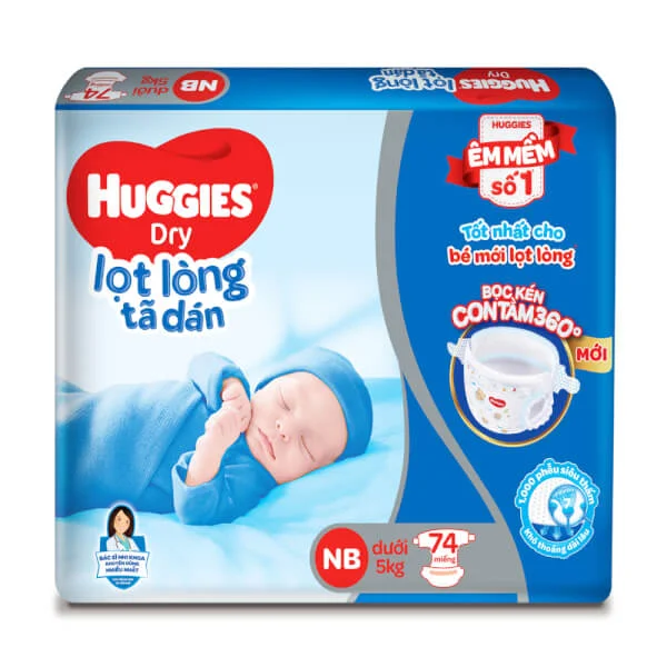 Bỉm tã dán sơ sinh Huggies size NB, 74 miếng (dưới 5kg) + 1 gói khăn ướt