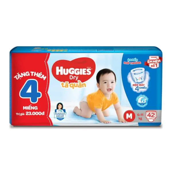 Tã quần Huggies Dry Pants (M, 6-11kg, 42 miếng) + 4 miếng